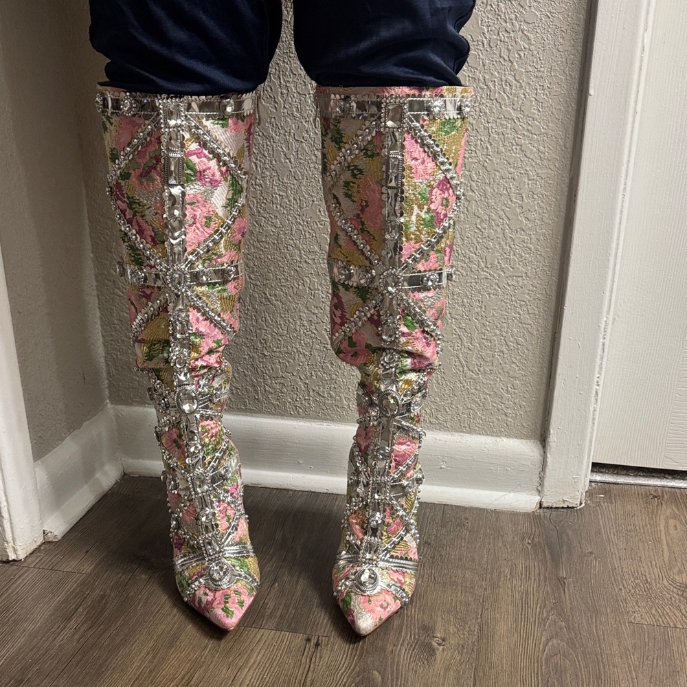 Crystal-Embellished Knee High Boots in Pink and Green